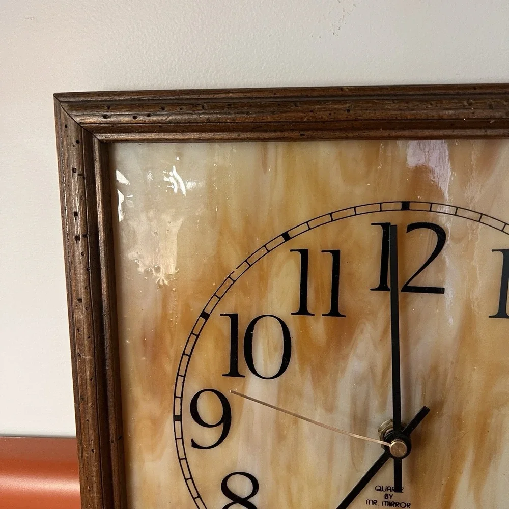 VNTG Mr. Mirror Slag Glass Mid Century Square Wall Clock‎ MCM Wood Frame Works